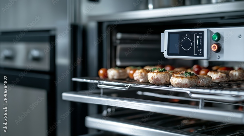 Close-up of Digital Temperature Sensor in Kitchen Oven with Food Close-up of Digital Temperature Sensor in Kitchen Oven with Food