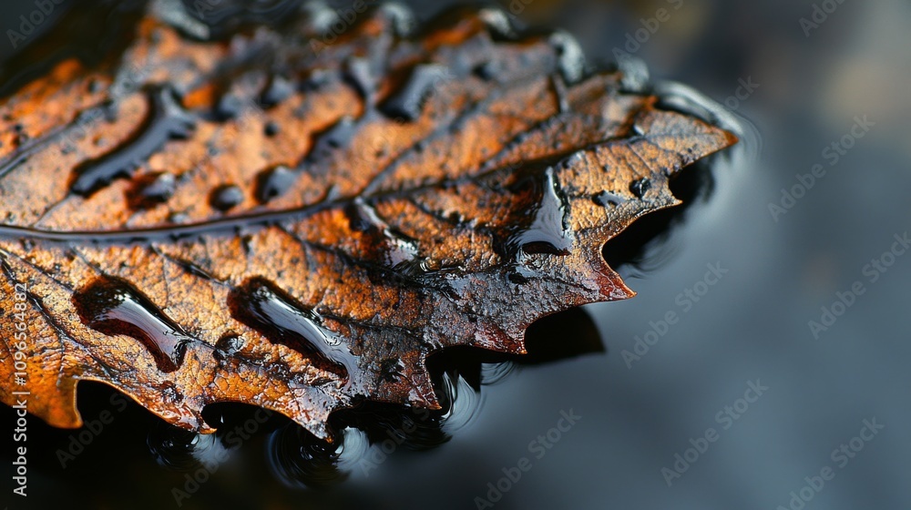Close-Up of Leaf Covered in Oil with Glossy Texture and Reflection Close-Up of Leaf Covered in Oil with Glossy Texture and Reflection