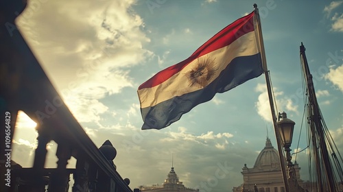 The Paraguayan flag billows proudly against a partly cloudy sky, its vibrant colors a striking contrast to the muted tones of the buildings and sailing vessel in the background.