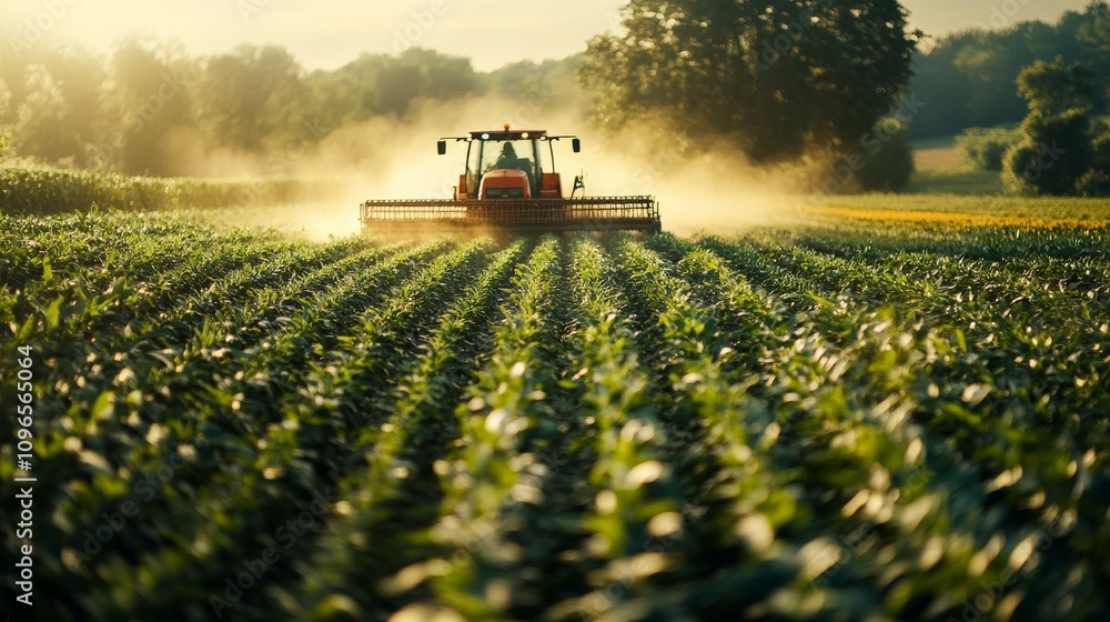 Tractor Harvesting Crops In A Lush Green Field Tractor Harvesting Crops In A Lush Green Field