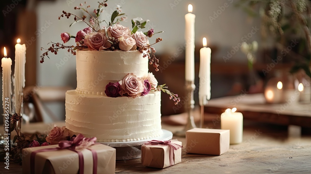 Stylish three-tiered cake with cascading edible flowers, glowing candles, gift boxes in muted tones, cozy evening celebration setting Stylish three-tiered cake with cascading edible flowers, glowing candles, gift boxes in muted tones, cozy evening celebration setting
