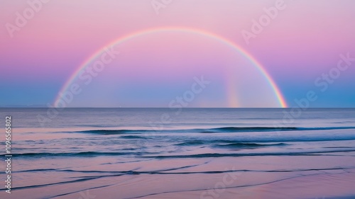 Serene Seascape with Rainbow at DawnDusk, Soft Pastel Sky and Gentle Waves photo