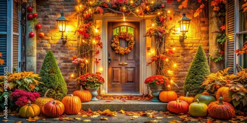 Captivating Long Exposure of a Front Door Adorned with Vibrant Fall Decor, Pumpkins, and Autumn-Themed Decorations Showcasing the Beauty of the Season