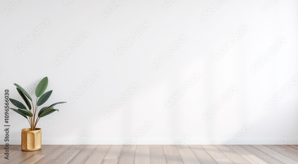 A minimalist interior with a single plant in a gold pot against a white wall. A minimalist interior with a single plant in a gold pot against a white wall.