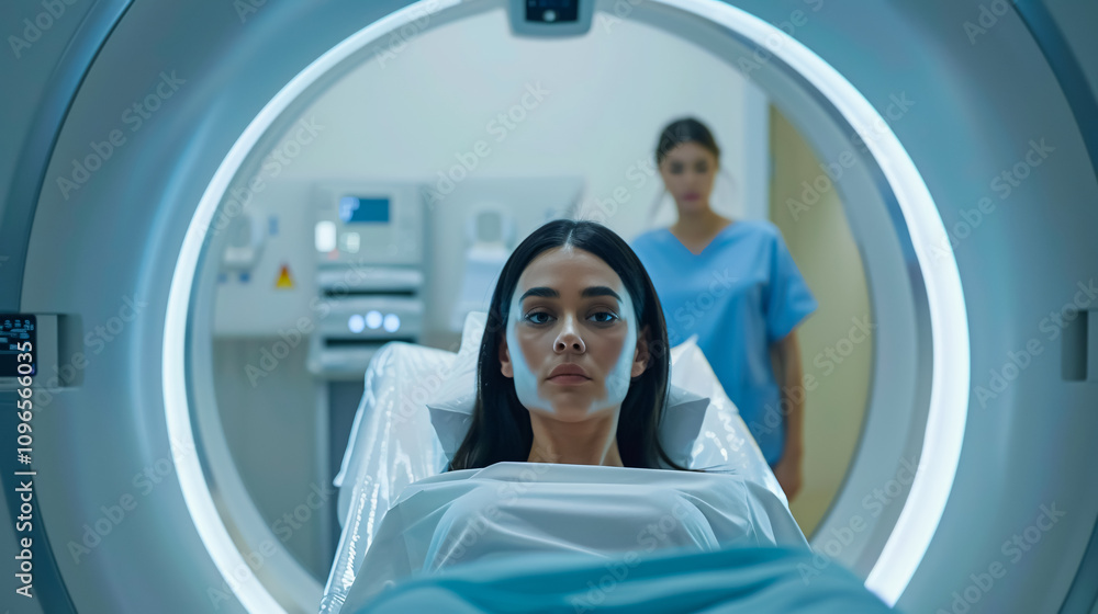 Fototapeta premium A professional radiologist controls the magnetic resonance imaging or computed tomography scan while a female patient undergoes the procedure in a medical laboratory.