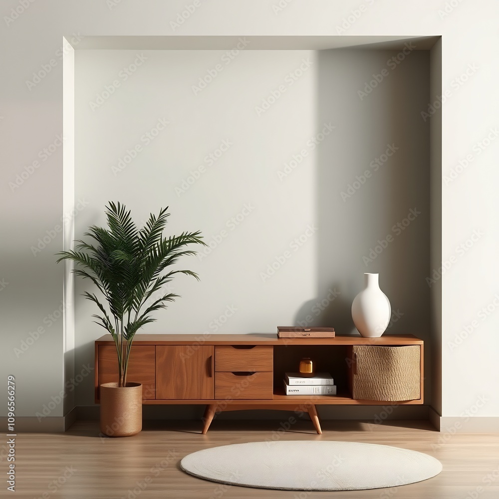 Minimalist living room with a wooden cabinet, a plant, a vase, and a rug. Minimalist living room with a wooden cabinet, a plant, a vase, and a rug.