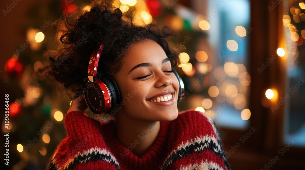 Joyful woman with headphones enjoying music at home Joyful woman with headphones enjoying music at home