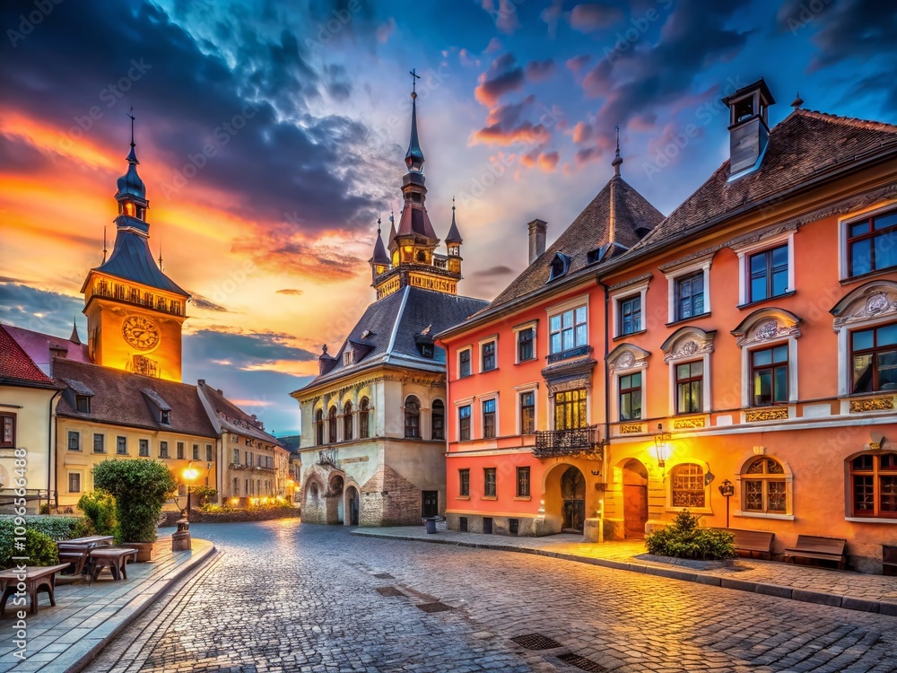 Fototapeta premium Captivating Long Exposure of the Old Town Hall in Sighisoara, Romania, Showcasing Its Architectural Beauty and Historical Significance at Dusk with Vibrant Sky and Soft Illuminations