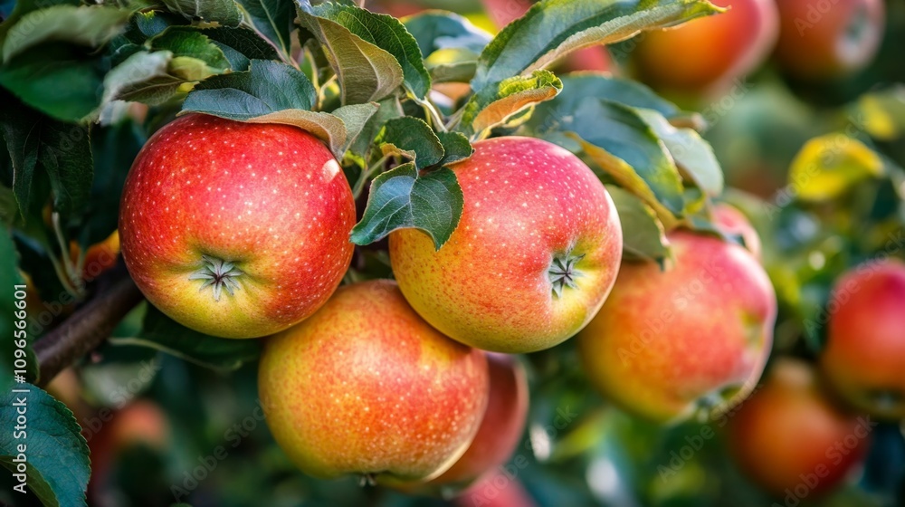 Obraz premium Fresh Ripe Apples Hanging in a Lush Organic Orchard Setting