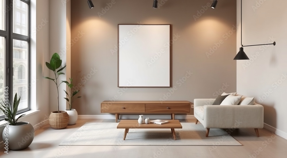 Minimalist living room with a large framed canvas, wooden console, a couch, and a coffee table with a book and a vase. Minimalist living room with a large framed canvas, wooden console, a couch, and a coffee table with a book and a vase.