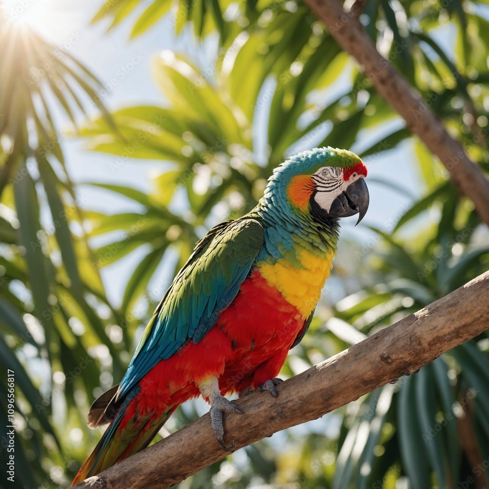 Obraz premium A vibrant bright parrot perched on a branch with a white shell background, showcasing colorful feathers in the bright sunlight.
