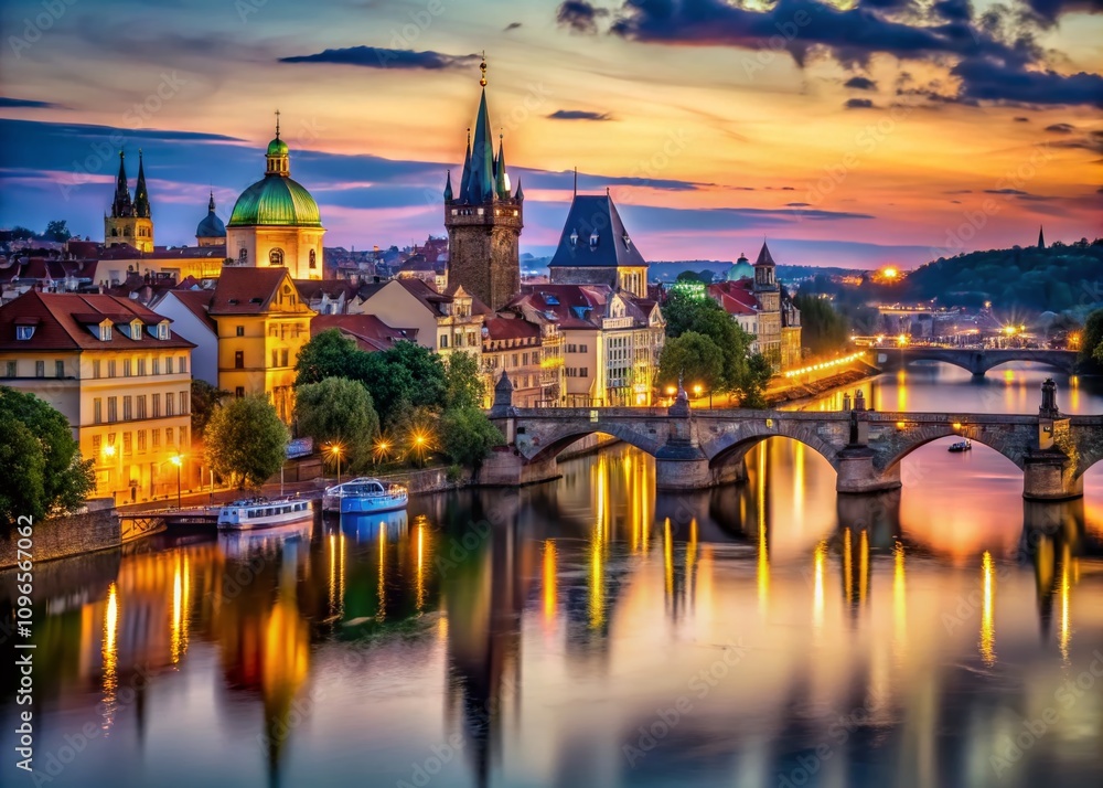Captivating Long Exposure View of Old Town Prague at Dusk with Reflections on the Vltava River, Showcasing Iconic Architecture and Enchanting Atmosphere of the Czech Republic Captivating Long Exposure View of Old Town Prague at Dusk with Reflections on the Vltava River, Showcasing Iconic Architecture and Enchanting Atmosphere of the Czech Republic