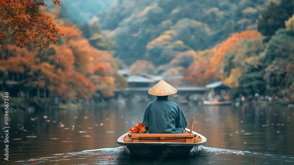 Man in traditional clothing rows boat on autumnal river. Man in traditional clothing rows boat on autumnal river.