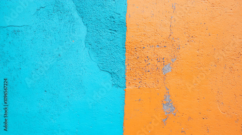 Vibrant color contrast of blue and orange wall in urban setting during daylight hours