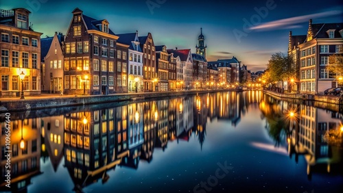 Captivating Low Light Photography of a Serene Urban Landscape at Night, Showcasing Illuminated Buildings and Tranquil Reflections in Water for a Dreamy Atmosphere