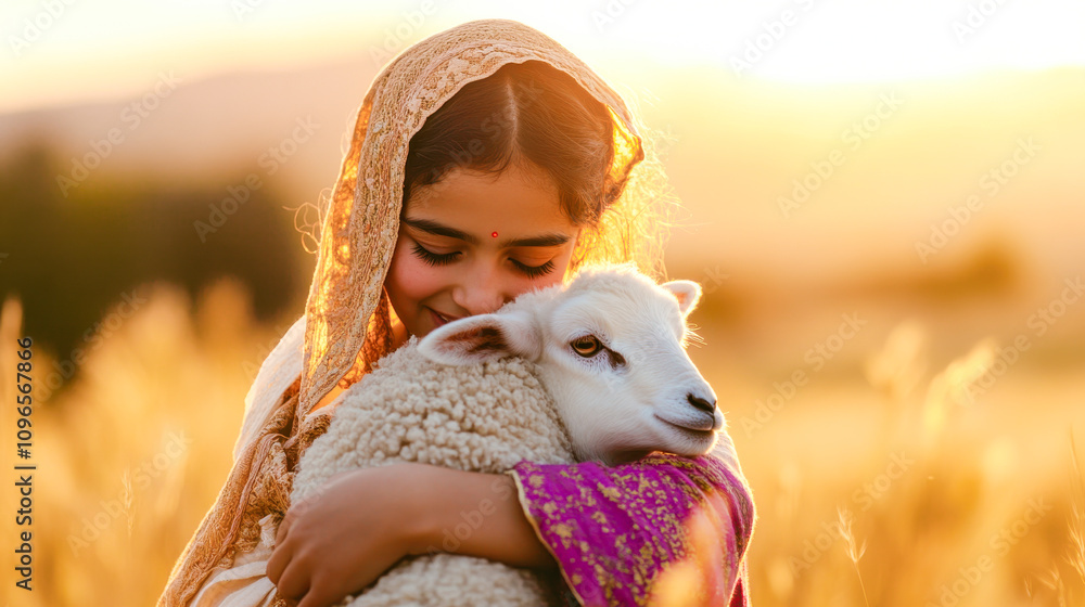 a Indian figure holding a lamb in a peaceful landscape a Indian figure holding a lamb in a peaceful landscape