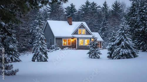 A cozy, classic Cape Cod style home nestled in a snow-covered forest, with warm lights from the windows reflecting on the snowy landscape. 