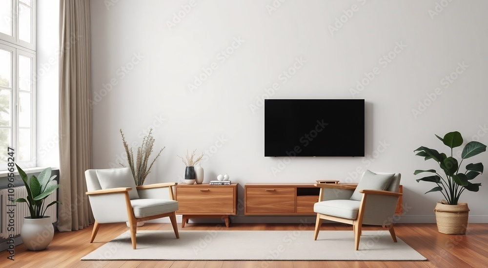 Modern living room interior with two chairs, a tv, and a plant. Modern living room interior with two chairs, a tv, and a plant.