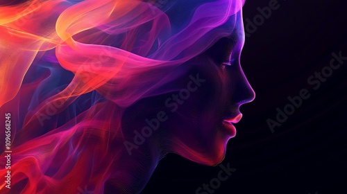 A digital illustration of a woman's profile with flowing, colorful abstract elements.