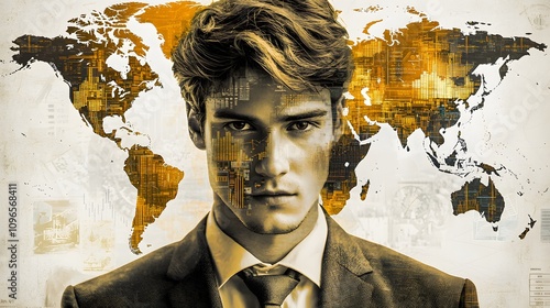 Wallpaper Mural A businessman with a contemplative expression, his face overlaid with a double exposure of a world map and financial charts, symbolizing global reach and financial success in international markets.  Torontodigital.ca