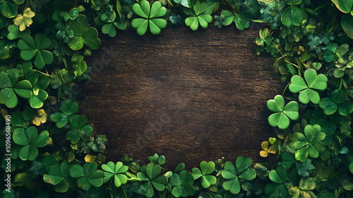 A frame with clovers decorated around a board photo