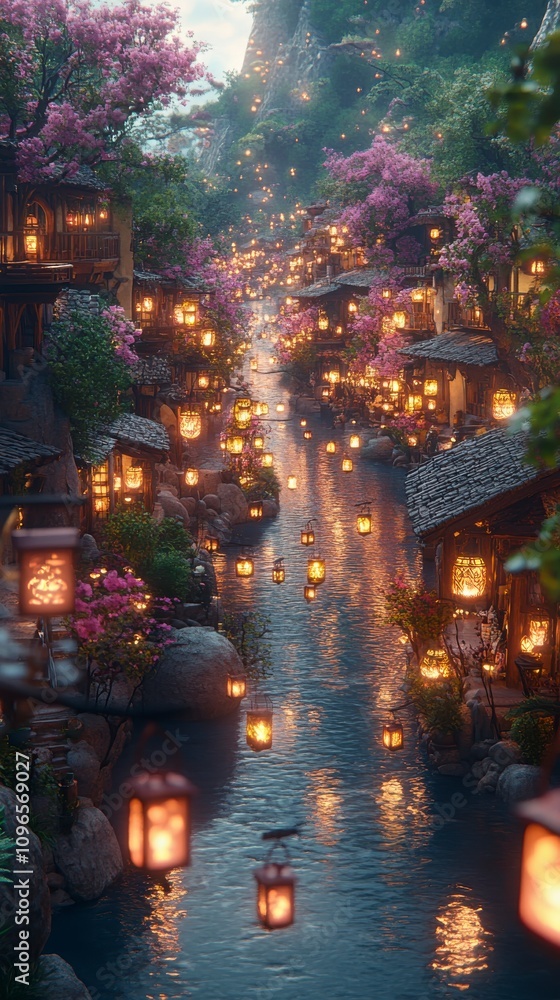 Fototapeta premium Enchanted River Village: A Magical Nighttime Landscape with Luminous Lanterns