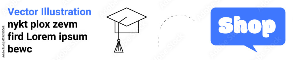 A graduation cap next to a speech bubble with the word shop. Ideal for education, online learning, e-commerce, graduation sales, and academic resources. Banner for landing page A graduation cap next to a speech bubble with the word shop. Ideal for education, online learning, e-commerce, graduation sales, and academic resources. Banner for landing page