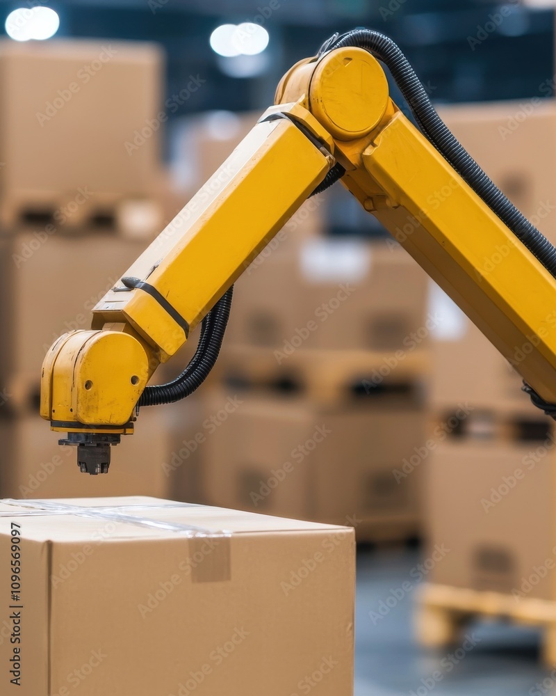 A robotic arm is seen handling a cardboard box in a warehouse filled with stacked boxes, showcasing automation in logistics. A robotic arm is seen handling a cardboard box in a warehouse filled with stacked boxes, showcasing automation in logistics.