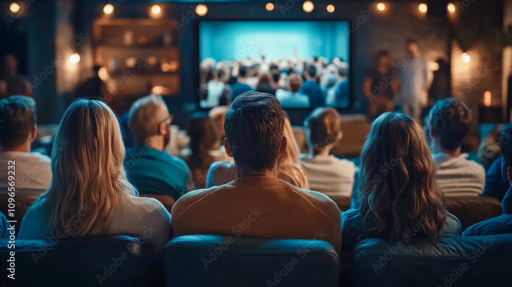 audience in a dimly lit room, attentively observing a presentation displayed on a large screen audience in a dimly lit room, attentively observing a presentation displayed on a large screen