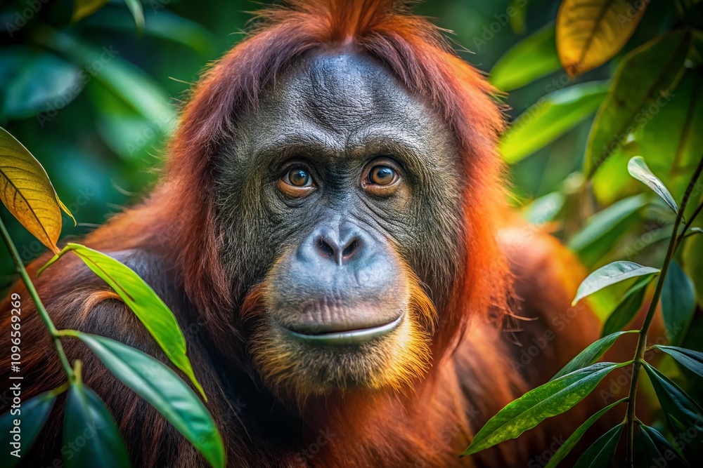 Fototapeta premium Captivating Low Light Portrait of an Orangutan in Its Natural Habitat, Showcasing Intricate Details of Fur and Expressive Eyes Amidst a Mysterious Rainforest Setting