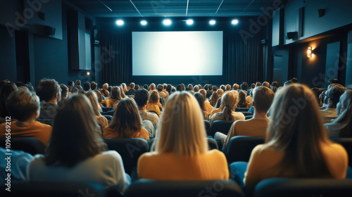 Wallpaper Mural audience in a dimly lit room, attentively observing a presentation displayed on a large screen Torontodigital.ca