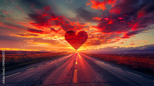 Heart-Shaped Sky at Sunset: A red heart-shaped sky at sunset with a road and clouds, creating a love-themed background with space for text. photo