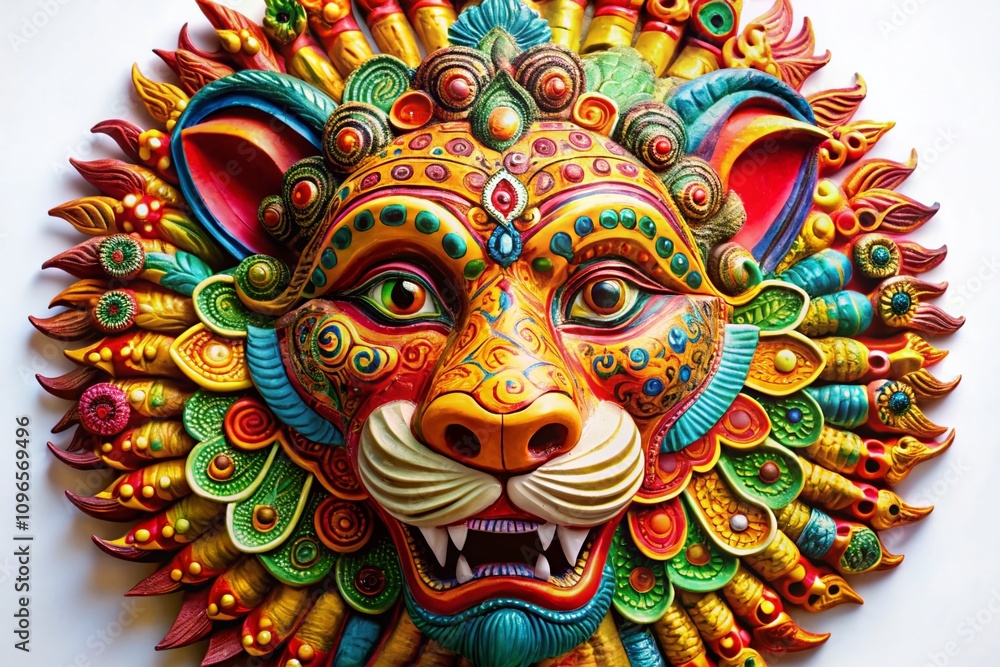 Fototapeta premium Captivating Macro Photography of a Decorative Lion Mask on White Background Showcasing Intricate Details and Vibrant Colors for Artistic and Cultural Exploration