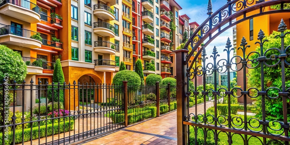 Captivating Macro Photography of a Modern Apartment Building Complex with Elegant Gate and Lush Landscaping, Showcasing Urban Residential Life in a Vibrant Neighborhood Captivating Macro Photography of a Modern Apartment Building Complex with Elegant Gate and Lush Landscaping, Showcasing Urban Residential Life in a Vibrant Neighborhood