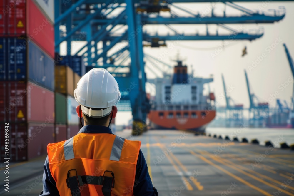 A worker in a hard hat and vest stands near cargo containers at a port. Concept of maritime logistics and transport. For industry and trade publications A worker in a hard hat and vest stands near cargo containers at a port. Concept of maritime logistics and transport. For industry and trade publications
