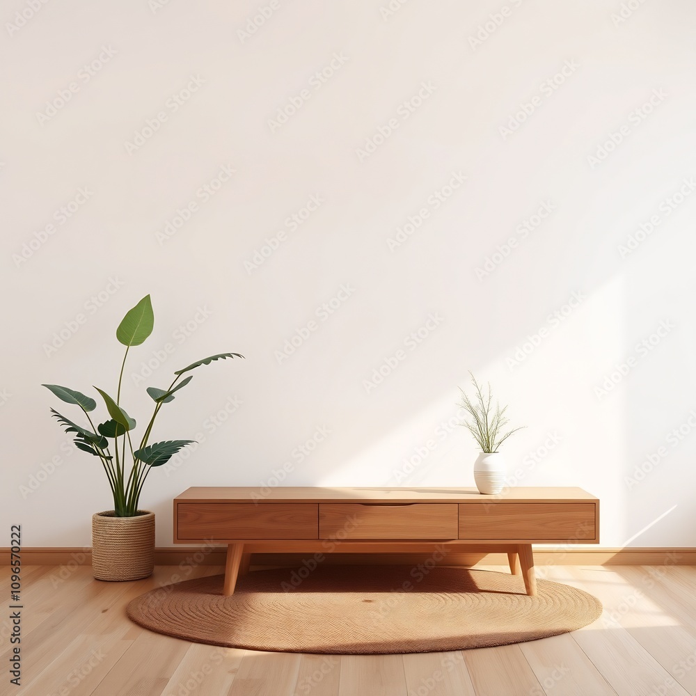 Minimalist living room interior with wooden cabinet, plant, and rug. Minimalist living room interior with wooden cabinet, plant, and rug.