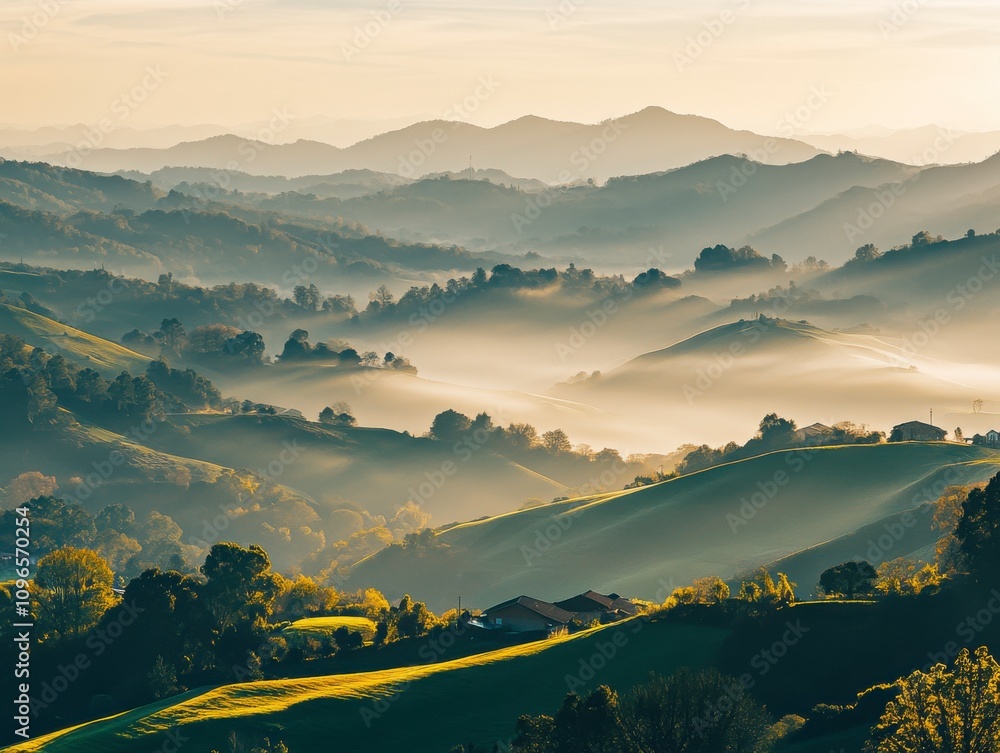 Fototapeta premium Misty Sunrise Over Rolling Hills
