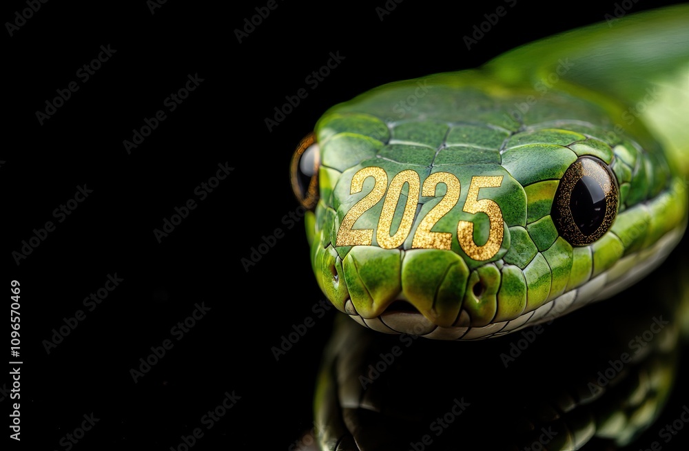Fototapeta premium Green snake with golden 2025 numbers for Chinese New Year celebration. AI generated image