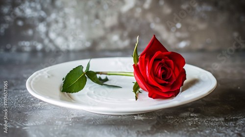 A single red rose elegantly placed on a white dish, symbolizing a romantic meal on Valentine's Day. photo