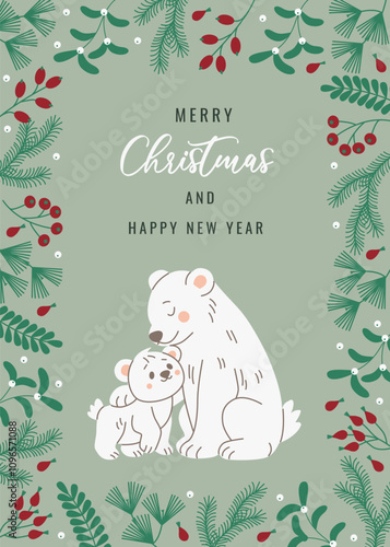 Flat style Christmas card featuring a mother polar bear and her cub surrounded by festive greenery and berries, with Merry Christmas and Happy New Year text in elegant typography.