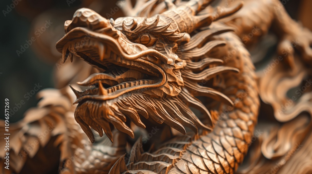 Fototapeta premium Intricate Wooden Dragon Sculpture Close-Up