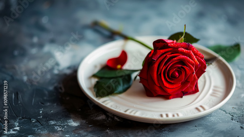 A single red rose elegantly placed on a white dish, symbolizing a romantic meal on Valentine's Day.