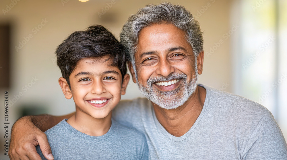 Indian father and Indian son with similar facial features and expressions, both smiling Indian father and Indian son with similar facial features and expressions, both smiling
