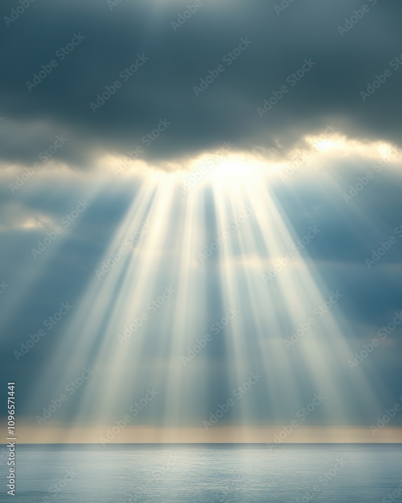 A serene scene of sunlight breaking through clouds, casting beams over a calm ocean, creating a tranquil and uplifting atmosphere. A serene scene of sunlight breaking through clouds, casting beams over a calm ocean, creating a tranquil and uplifting atmosphere.