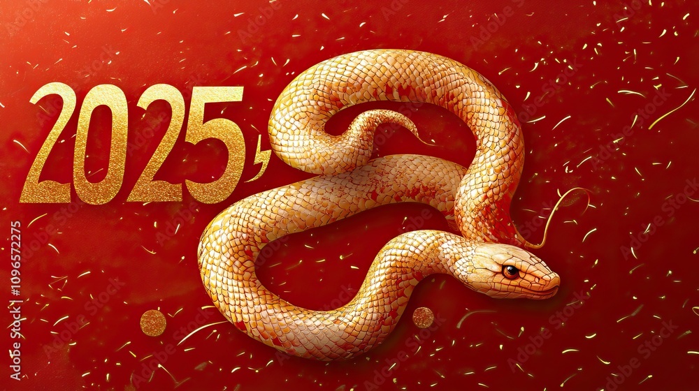 Obraz premium Red and gold themed Chinese New Year design with a decorative snake, symbolizing prosperity and luck. AI generated image
