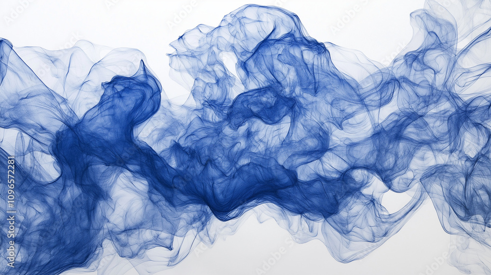 Fototapeta premium Blue ink on a white background, smoke-like structures