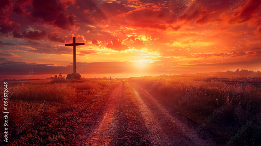Obraz premium Red Sky Sunset: A stunning landscape with a red sky at sunset, featuring a road leading up to a cross, symbolizing Christianity.