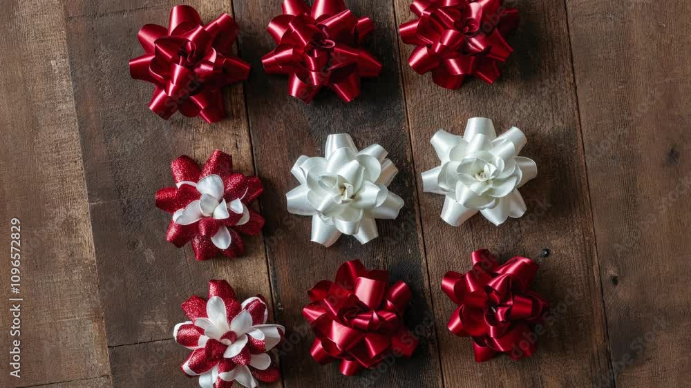 Red and White Gift Bows on Wooden Surface Top View Red and White Gift Bows on Wooden Surface Top View