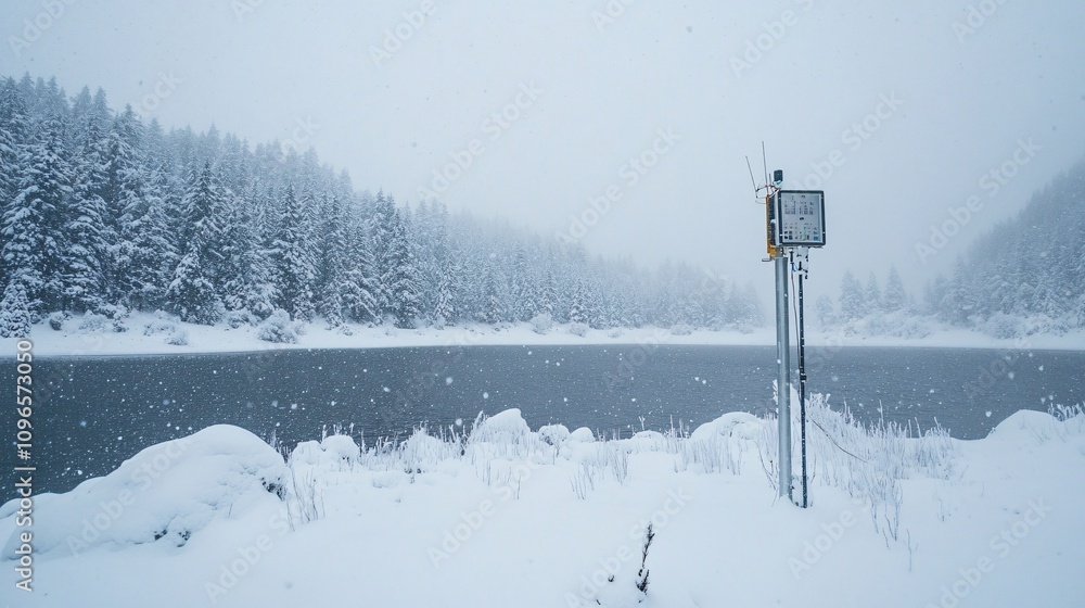 Snowy Landscape with Forest and Lake in Winter Storm Conditions Snowy Landscape with Forest and Lake in Winter Storm Conditions