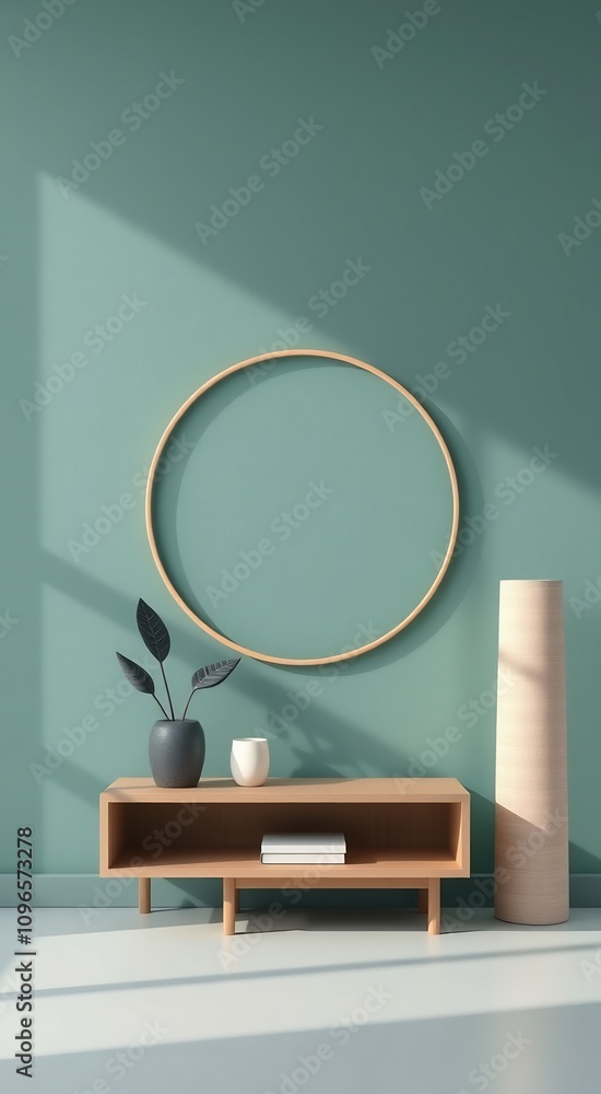 Minimalist interior design with a wooden shelf, round frame, vase and plant against a light teal wall. Minimalist interior design with a wooden shelf, round frame, vase and plant against a light teal wall.